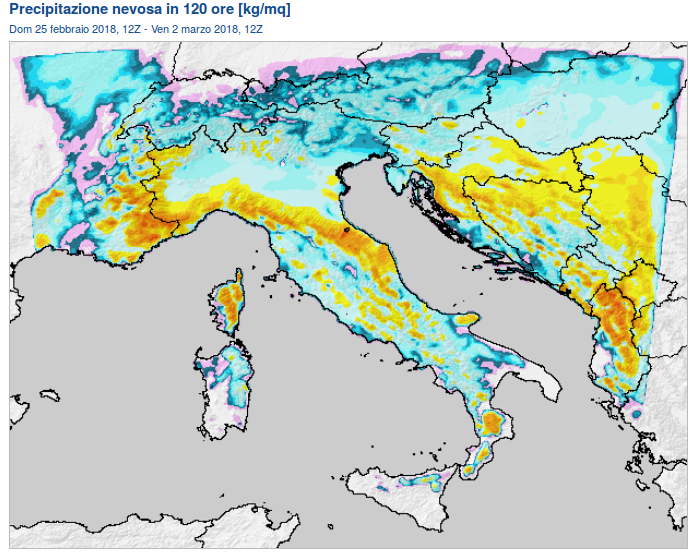 Neve accumulata in 120 ore, fonte: meteo.sm