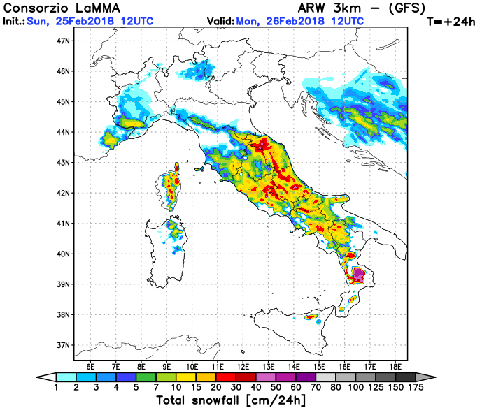 Neve accumulata fino alle 12 di domani, fonte: LAMMA, lamma.meteo.toscana.it